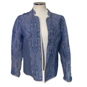 Chico's Embroidered Quilted Chambray Open Front Jacket Blue Medium